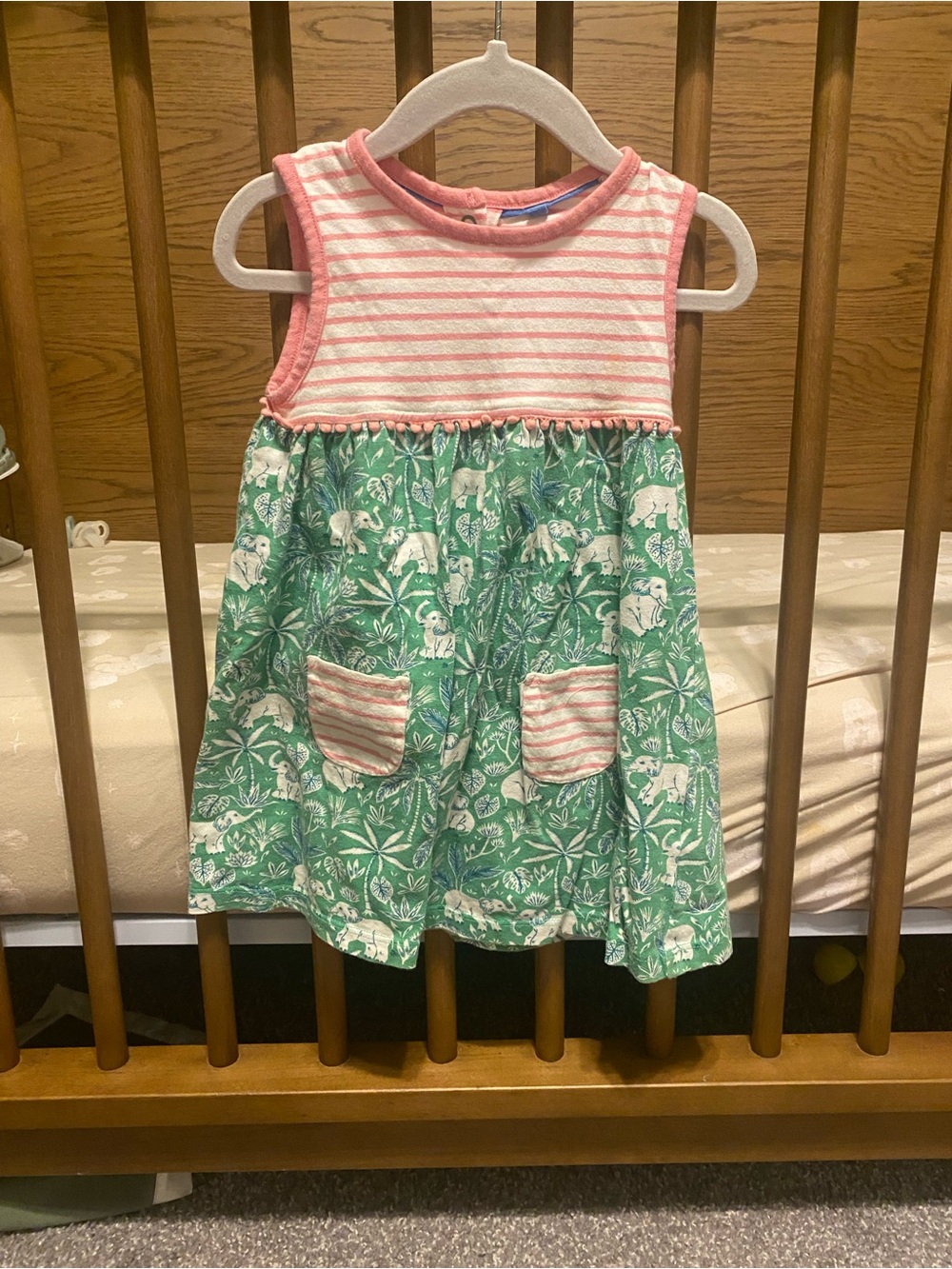 Baby Boden Pink Striped Bodice Green Jungle-Print Dress with matching bloomers